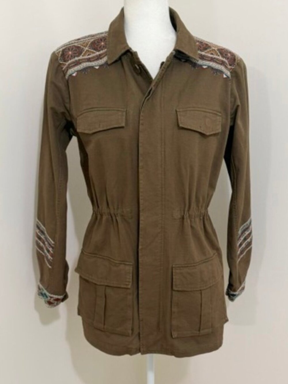 Johnny Was Embroidered Canvas Military Utility Field Jacket Olive Brown S NWOT